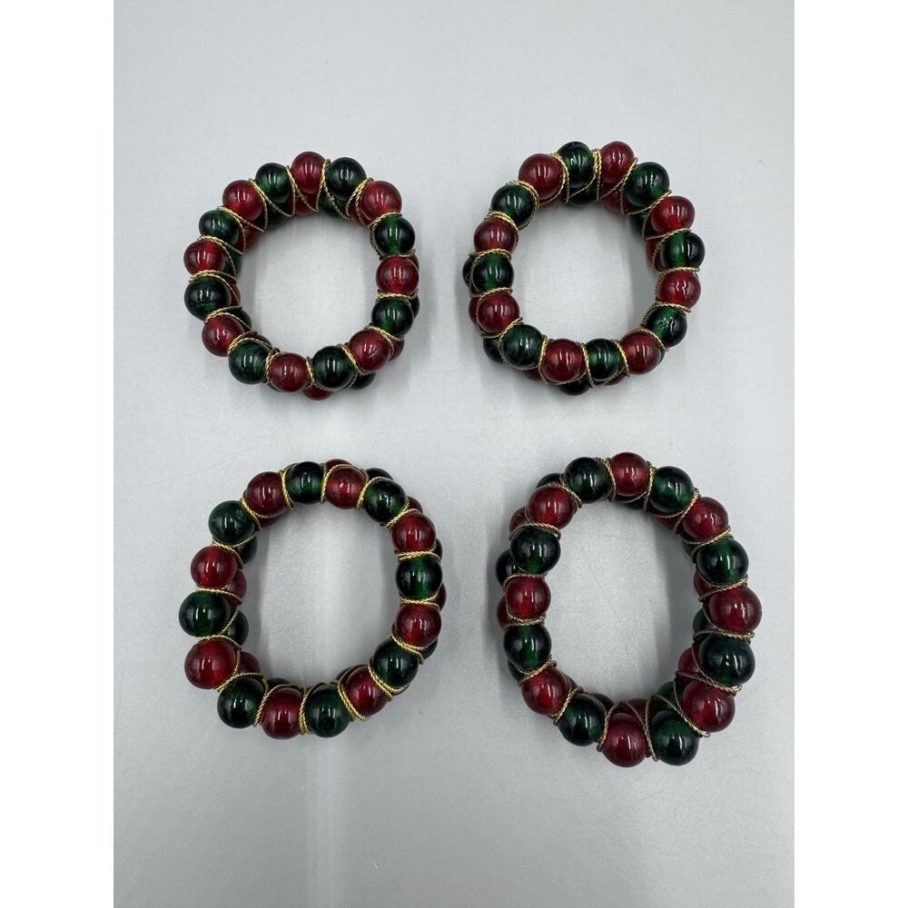 Vintage Kemp and Beatley Red & Green Beaded Napkin Ring Holder Lot Of 4
